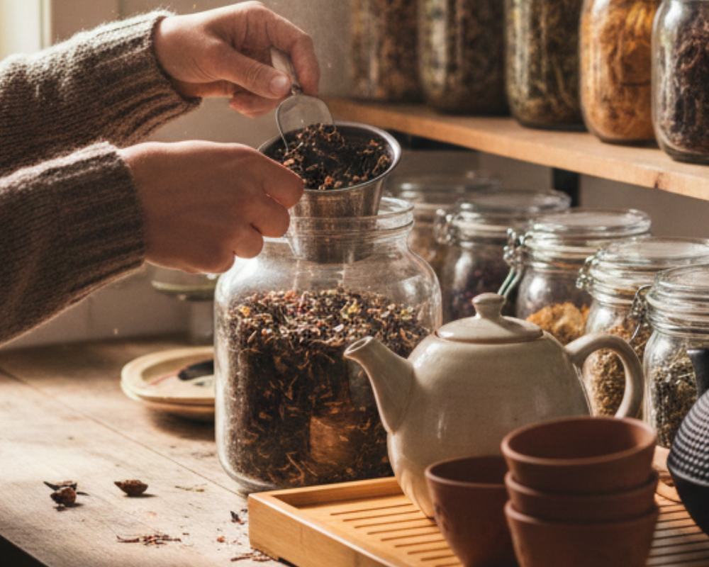 Mujer prepararando té a granel en casa