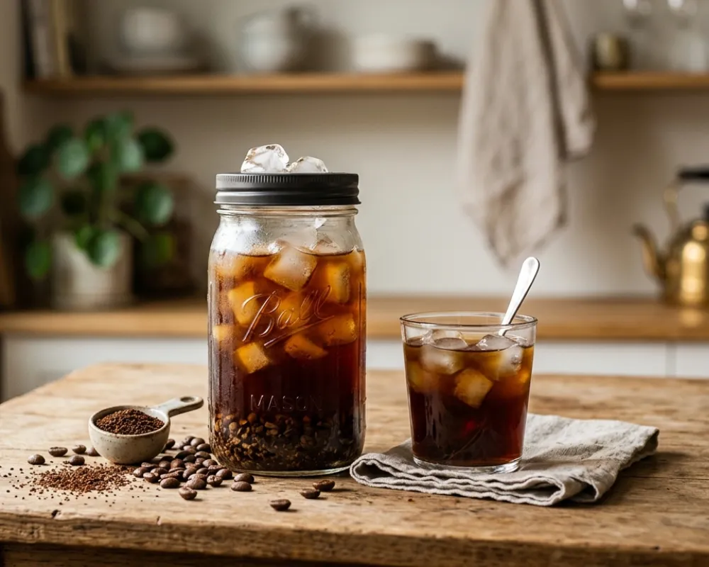 Cold brew en casa preparado en tarro de cristal con café de especialidad, servido con hielo y granos de café sobre mesa de madera