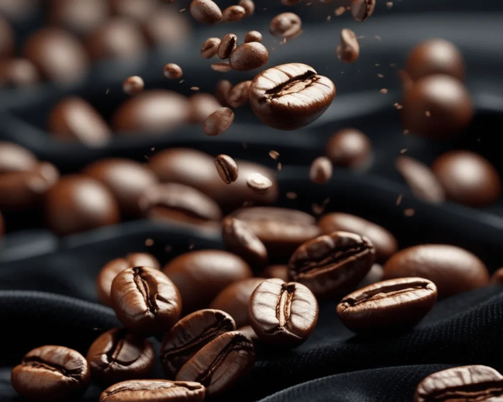 Granos de café de origen tostado cayendo en el aire, mostrando textura y brillo del café de especialidad.