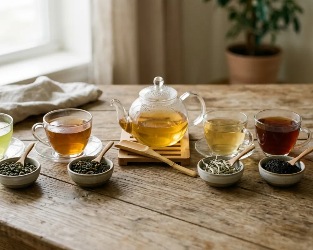 Diferentes tipos de té en tazas con tetera de cristal y hojas de té verde, blanco, negro y oolong sobre mesa de madera